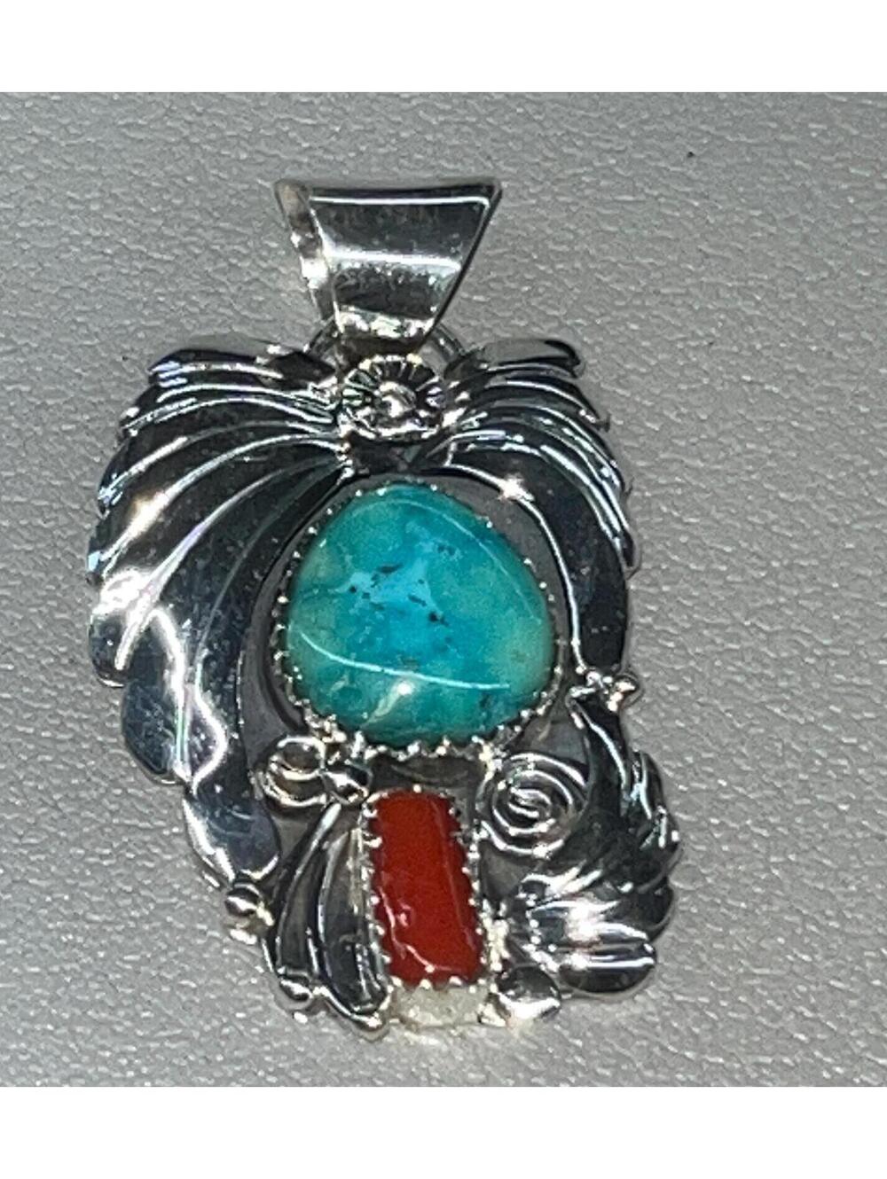 Navajo sterling silver turquoise and coral feather design pendant